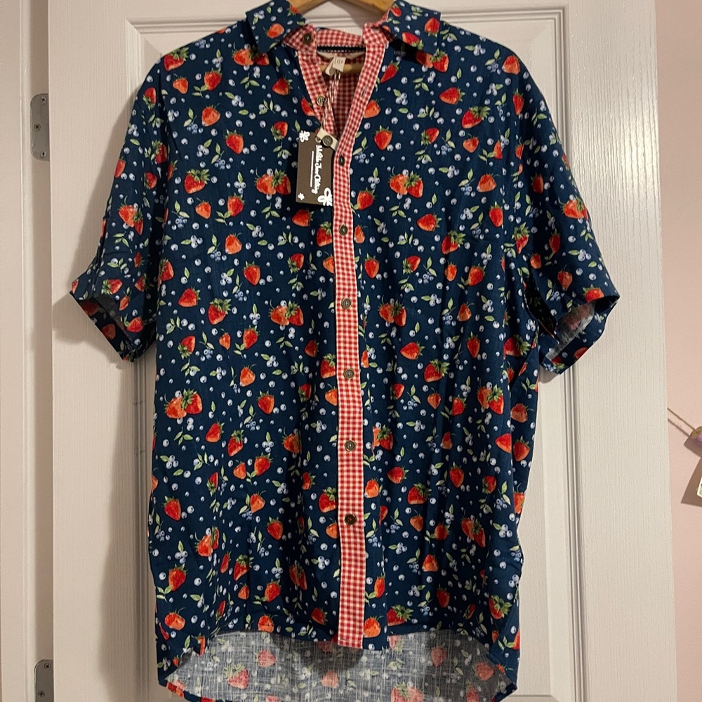 Strawberry printed button down shirt